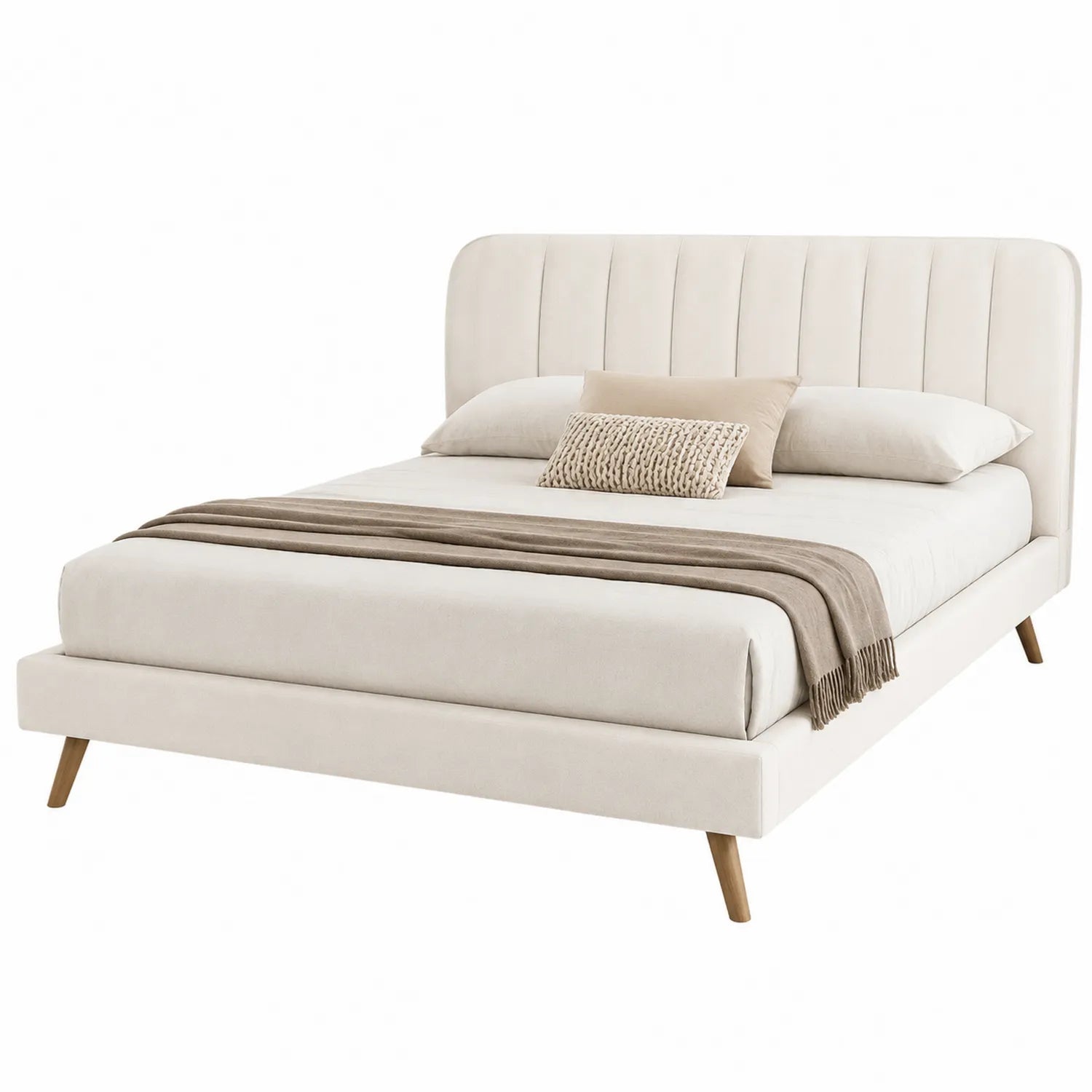 Lit double en tissu beige avec pieds en bois 200x160 cm