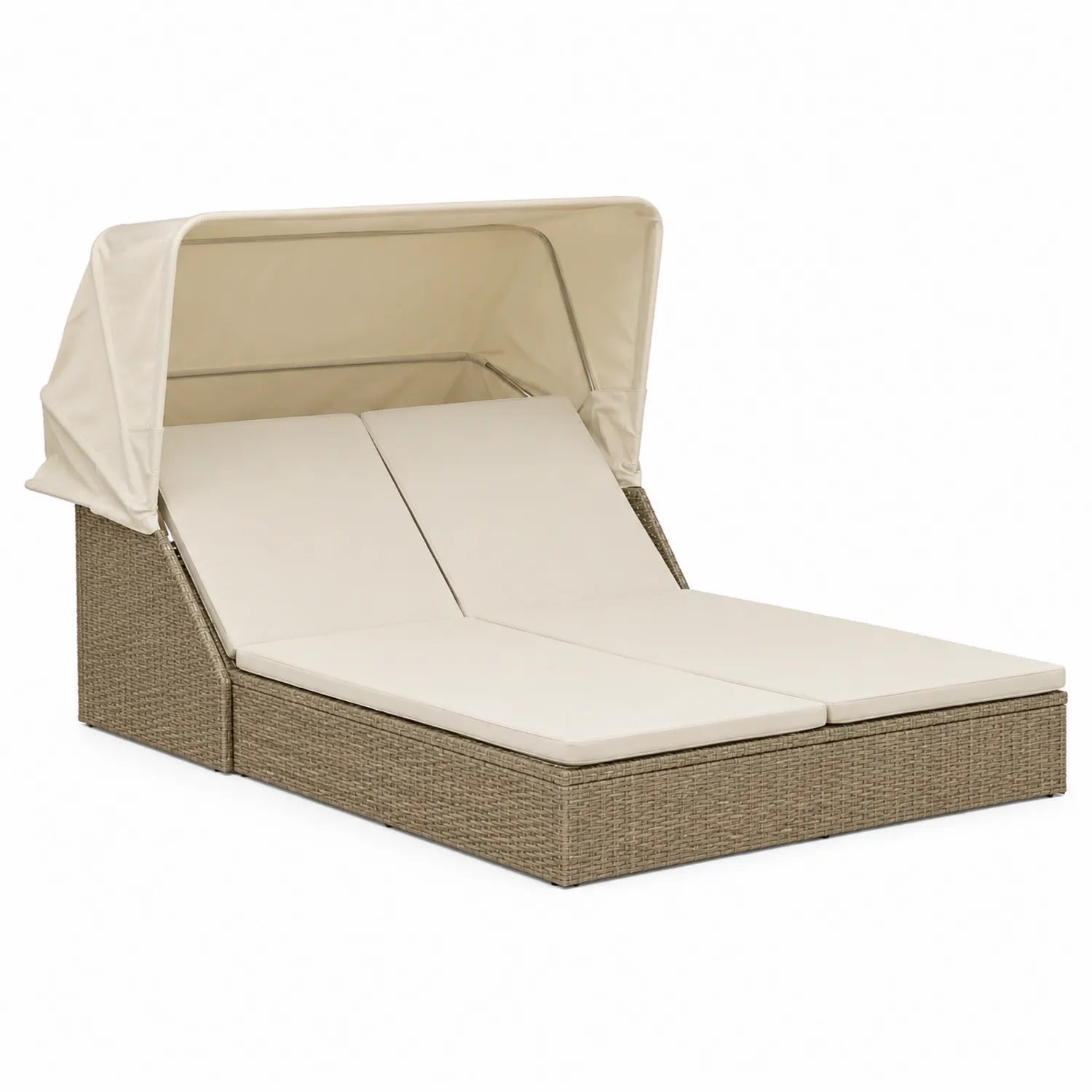 Lit de jour double en résine avec coussins et auvent beige