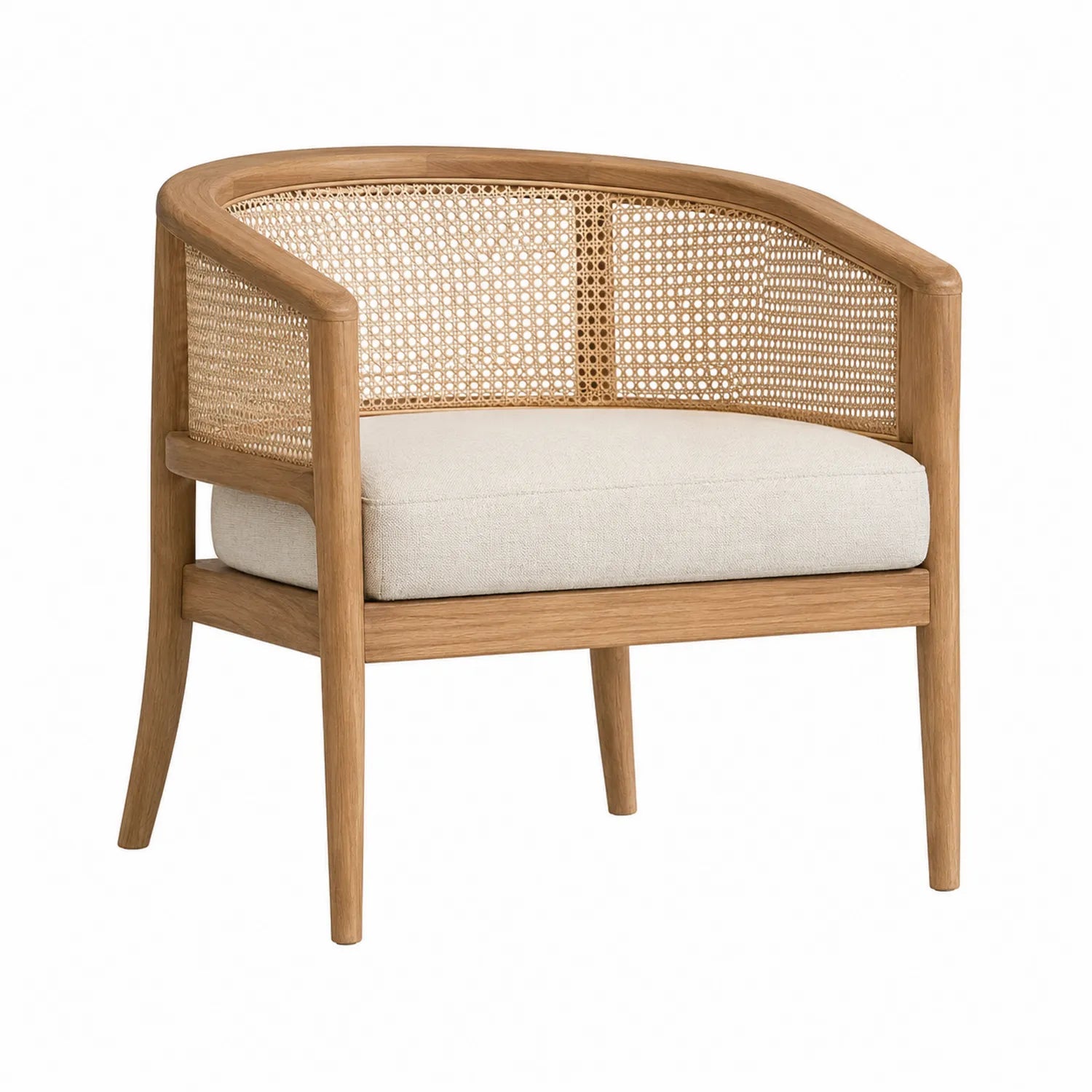 Fauteuil en chêne et rotin avec coussin en lin beige