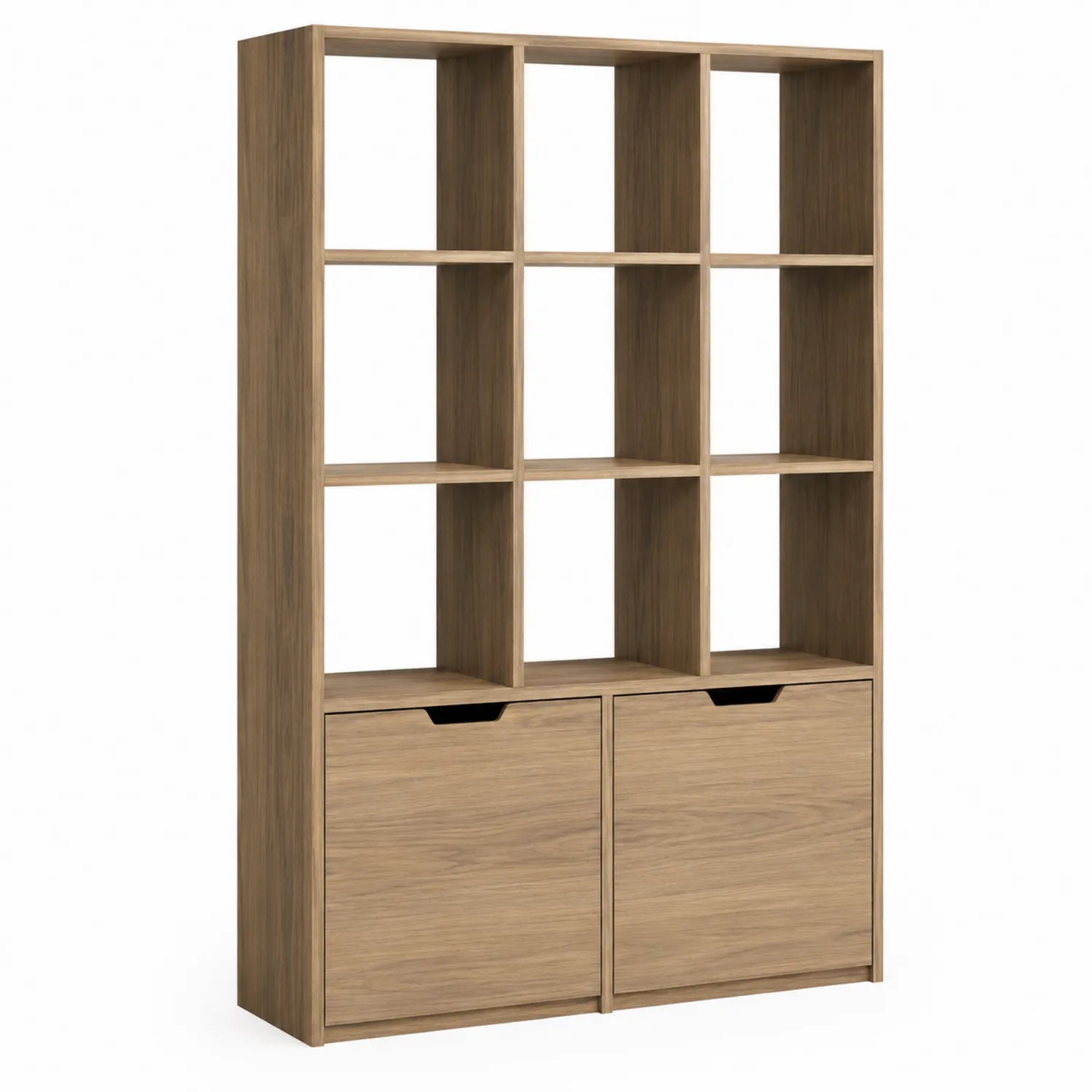 Bibliothèque en bois avec étagères carrées et portes