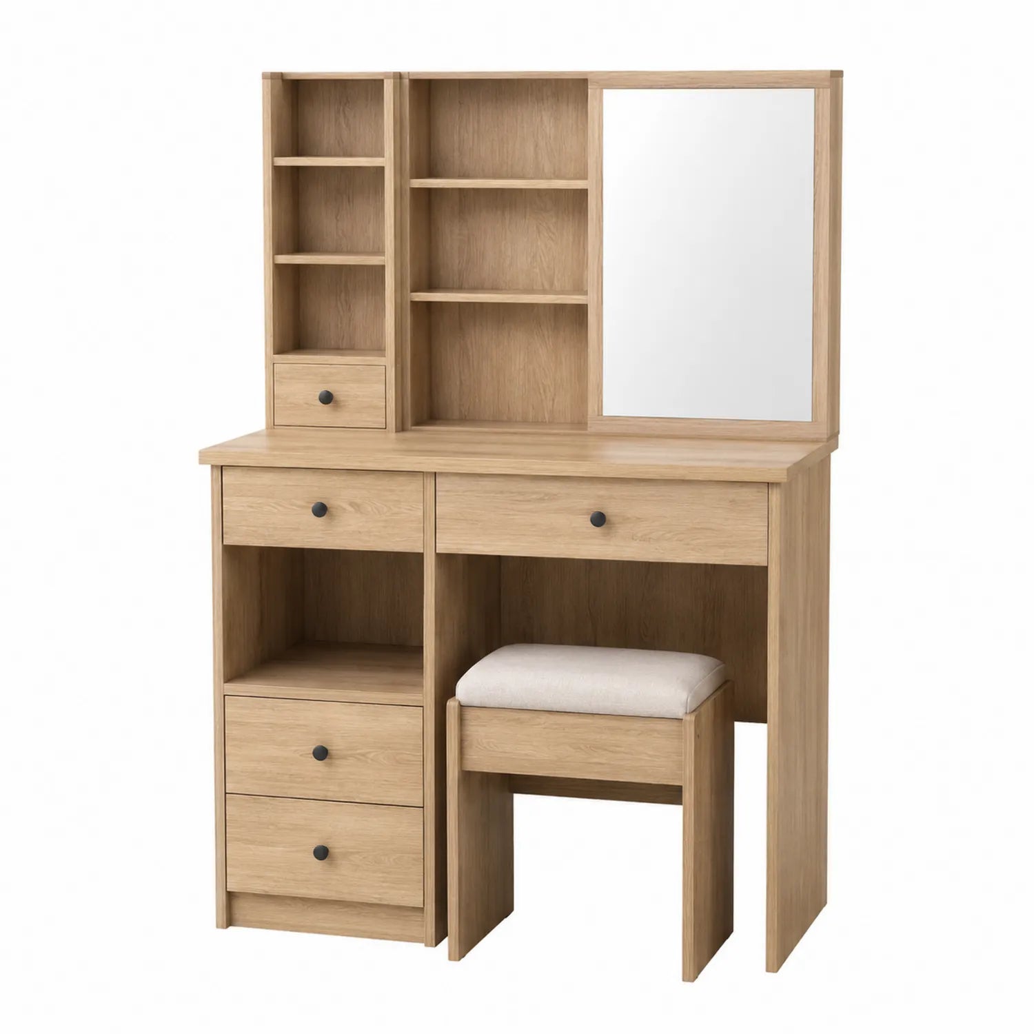 Coiffeuse avec tabouret en bois de chêne clair et miroir