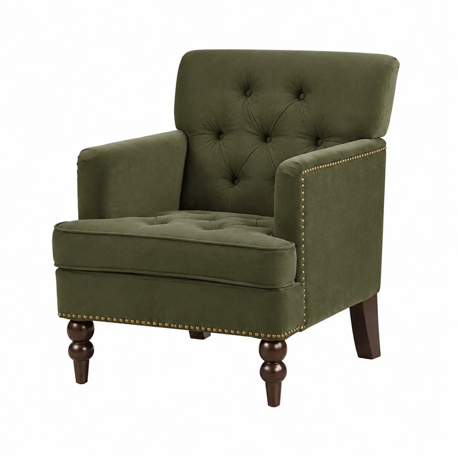 Fauteuil en velours vert avec accoudoirs cloutés