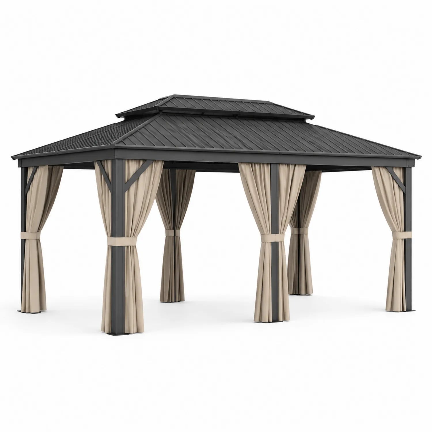 Tonnelle de Jardin en Aluminium Noir 400x300 cm avec Rideaux en Polyester Beige
