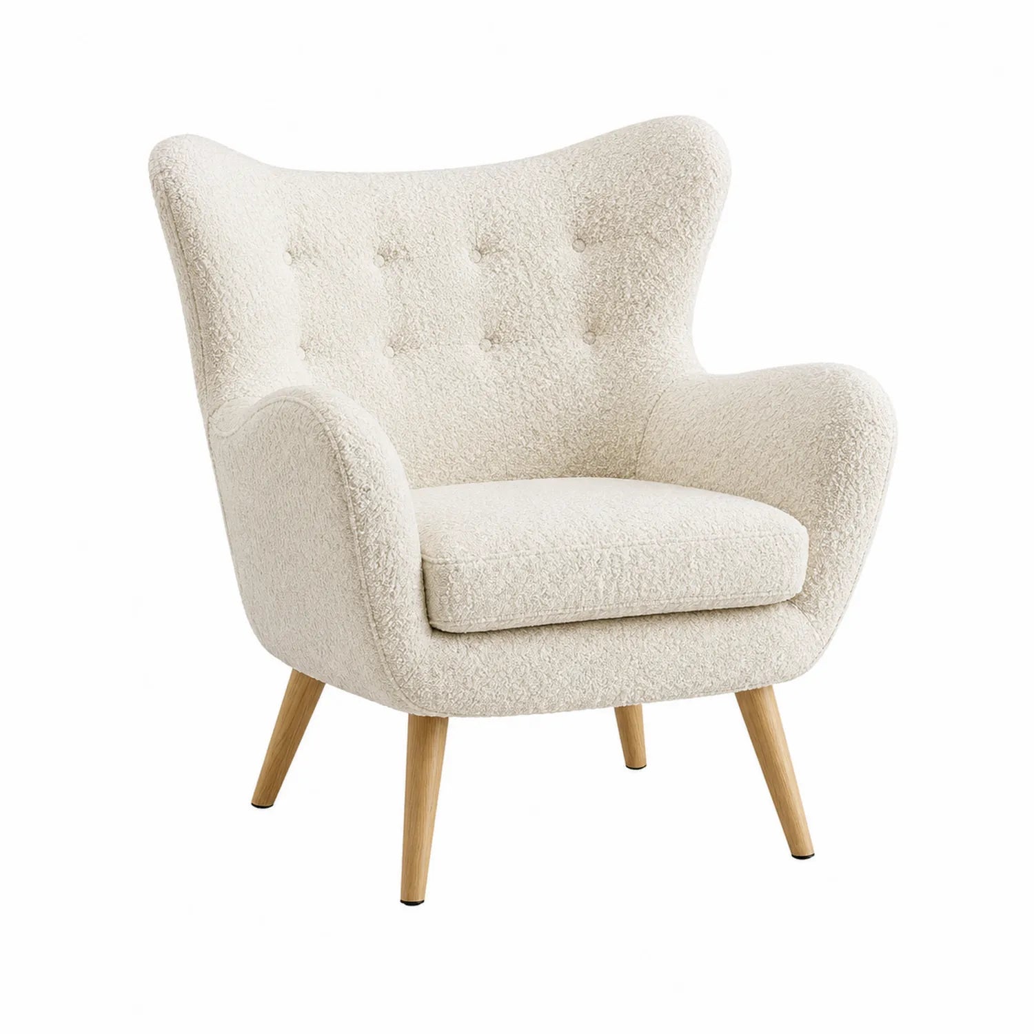Fauteuil en tissu bouclé beige avec pieds en bois