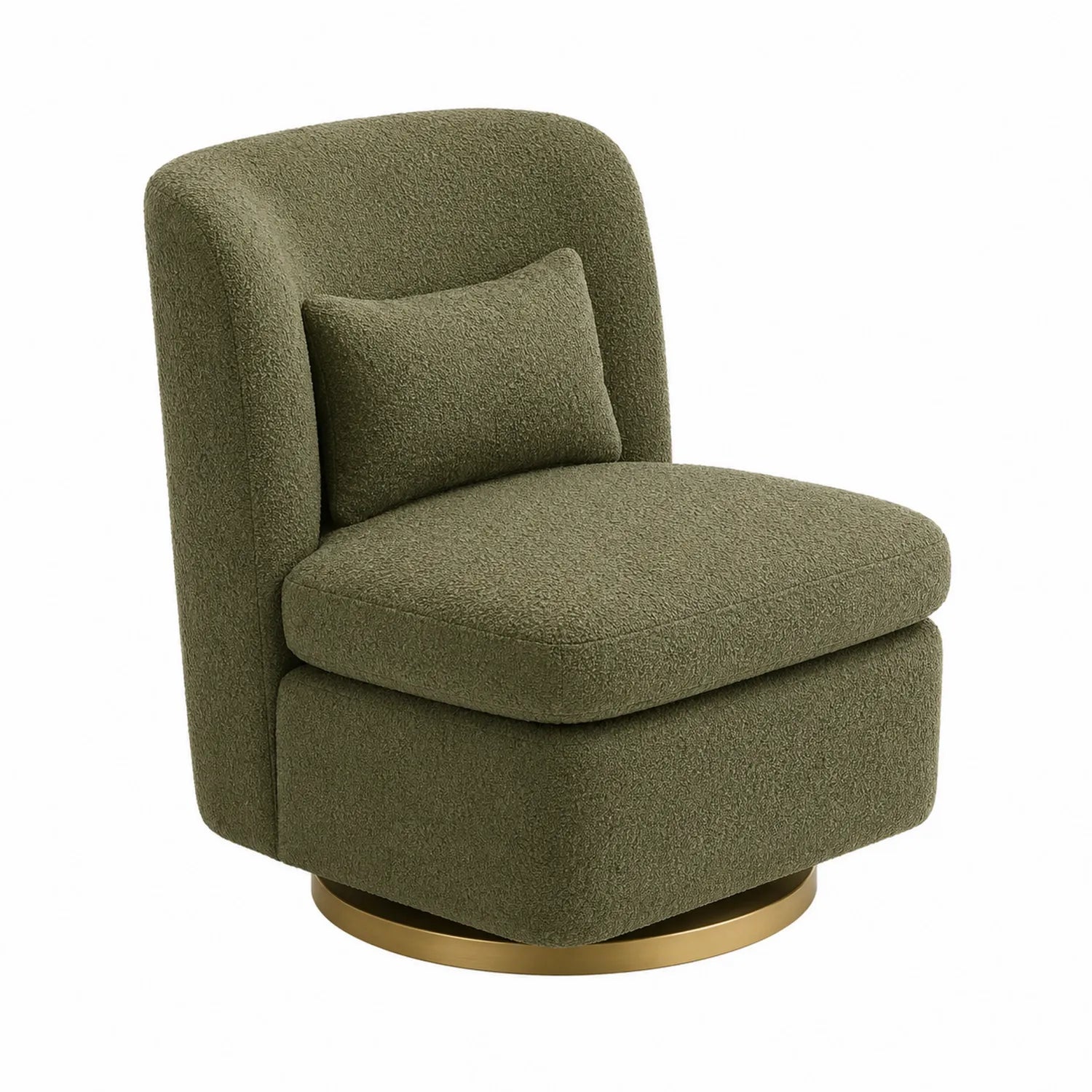 Chaise pivotante en tissu bouclé vert avec base en métal doré