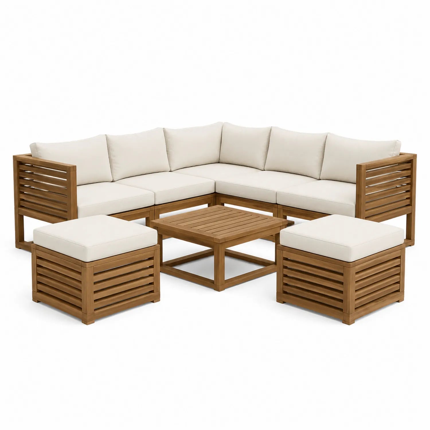 Canapé d'angle extérieur en bois d'eucalyptus avec coussins en polyester beige