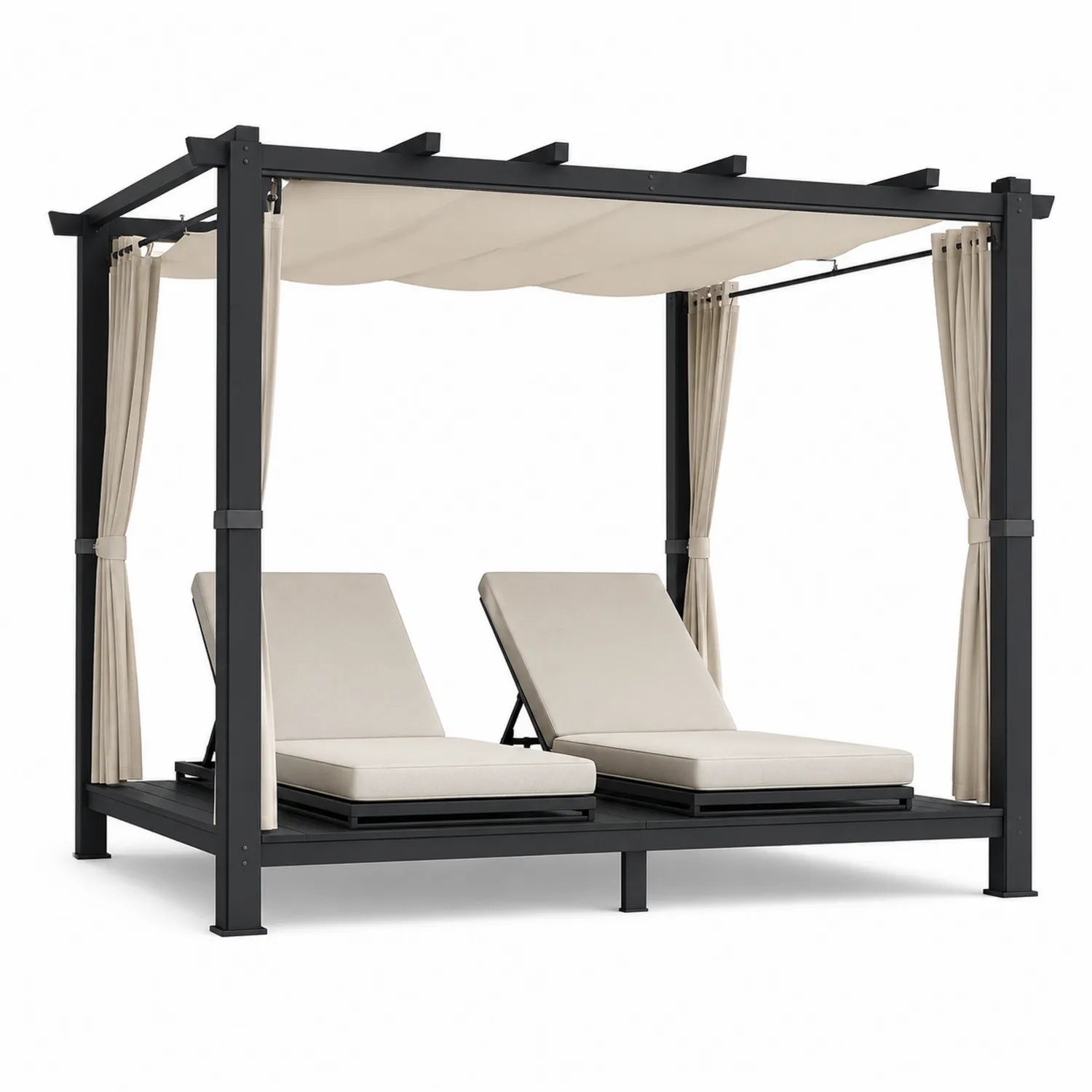 Pergola en aluminium avec lits doubles réglables en tissu beige