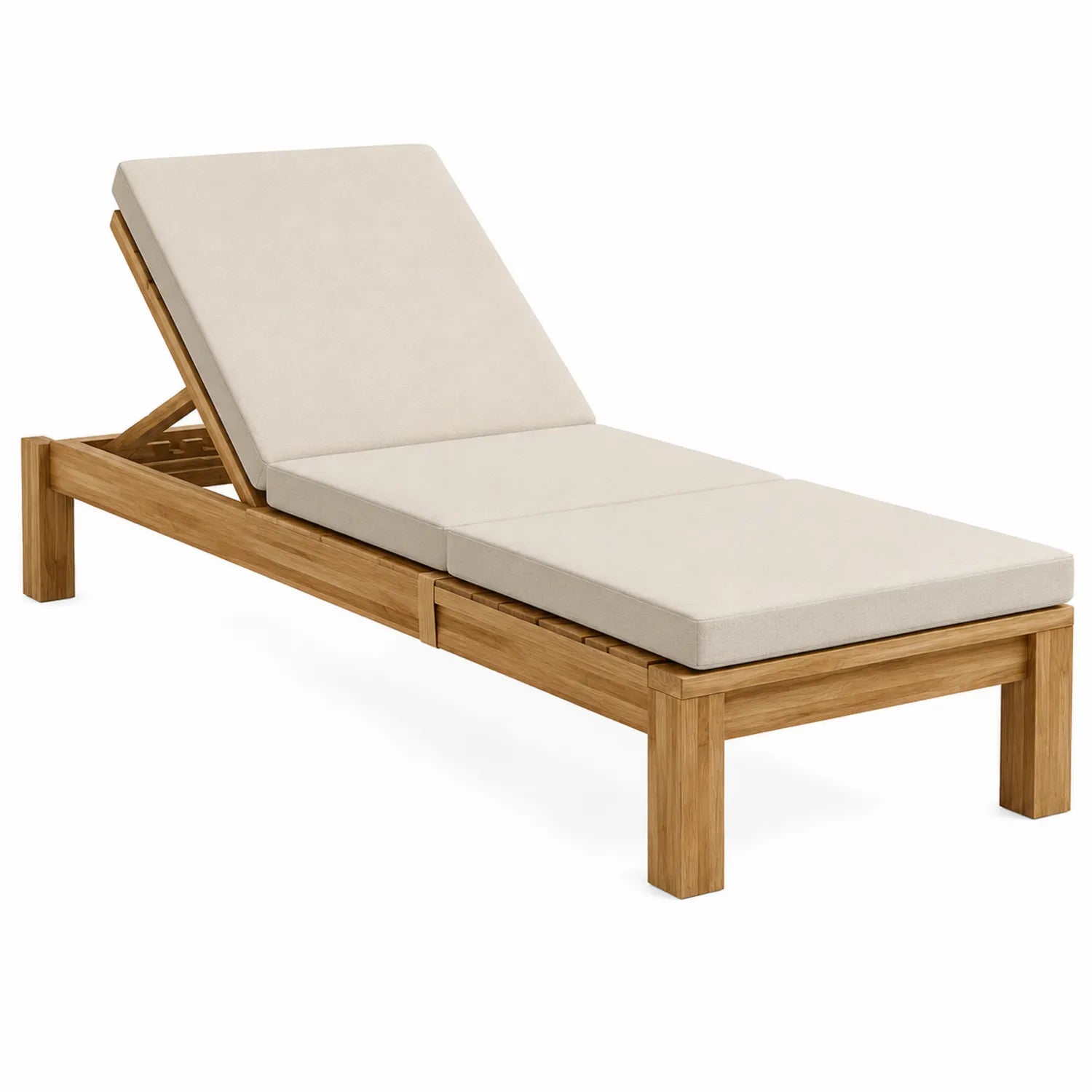 Chaise longue en bois avec coussin beige réglable
