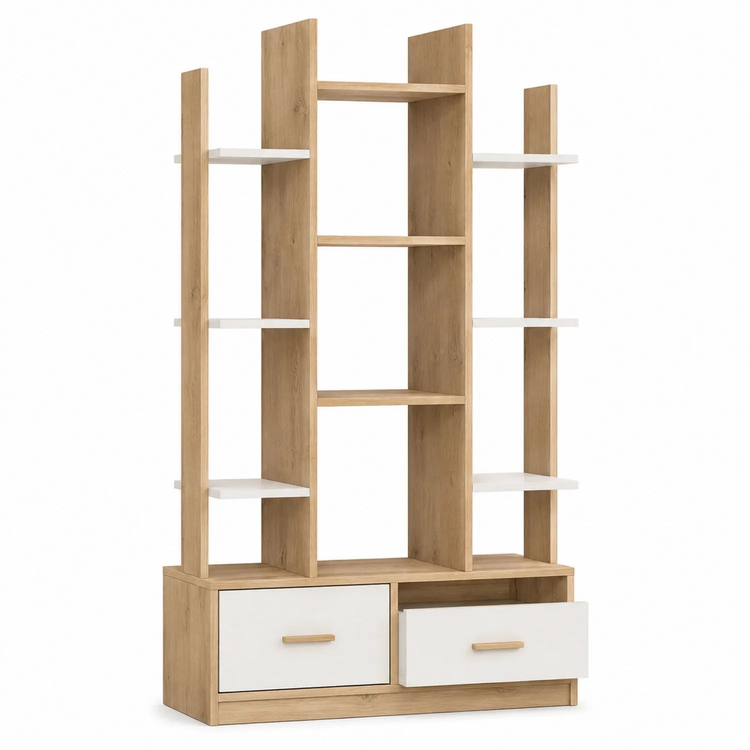 Bibliothèque en bois MDF Chêne Naturel/Blanc avec Tiroirs 180x90x30 cm
