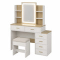 Coiffeuse en MDF avec Miroir LED et Tabouret – Blanc et Naturel