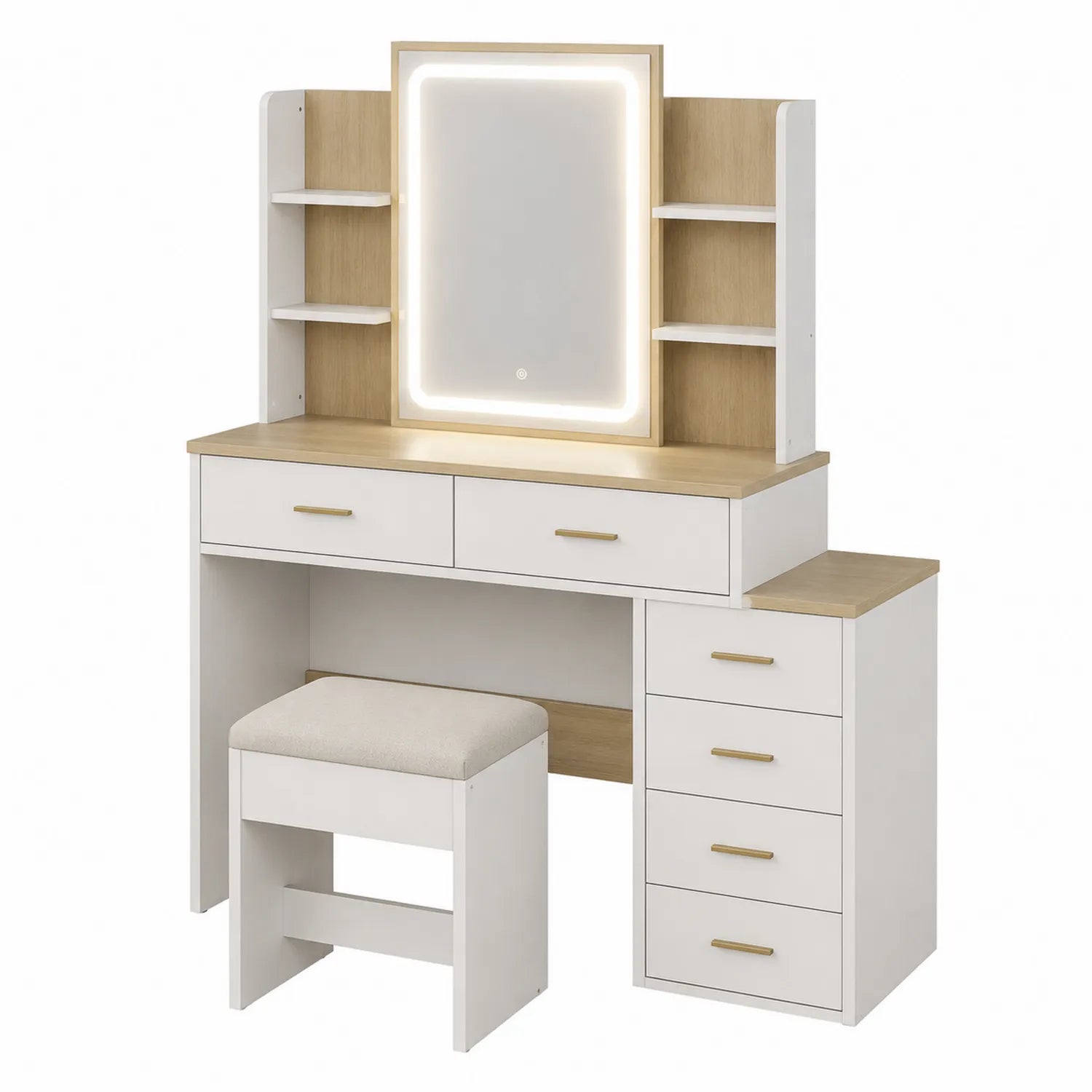 Coiffeuse en MDF avec Miroir LED et Tabouret – Blanc et Naturel