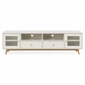 Meuble TV en MDF blanc avec verre strié et pieds en bois 160 cm