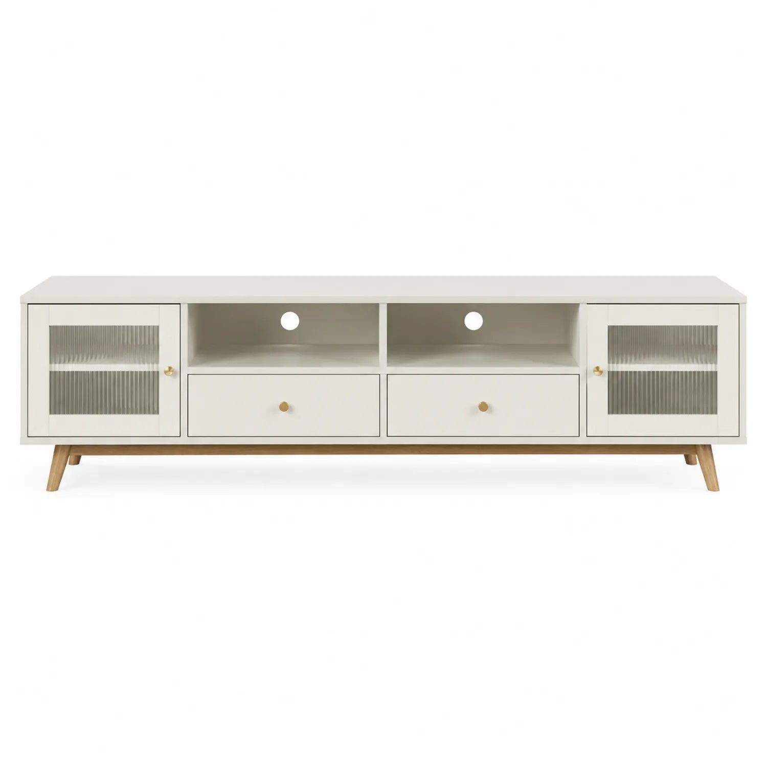 Meuble TV en MDF blanc avec verre strié et pieds en bois 160 cm
