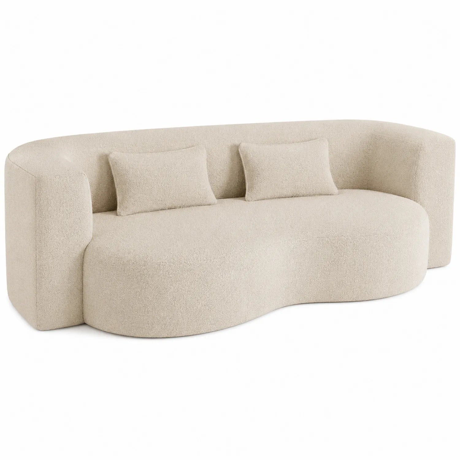 Canapé 3 places en tissu bouclé beige avec coussins