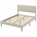 Lit double en tissu polyester beige avec lattes en bois