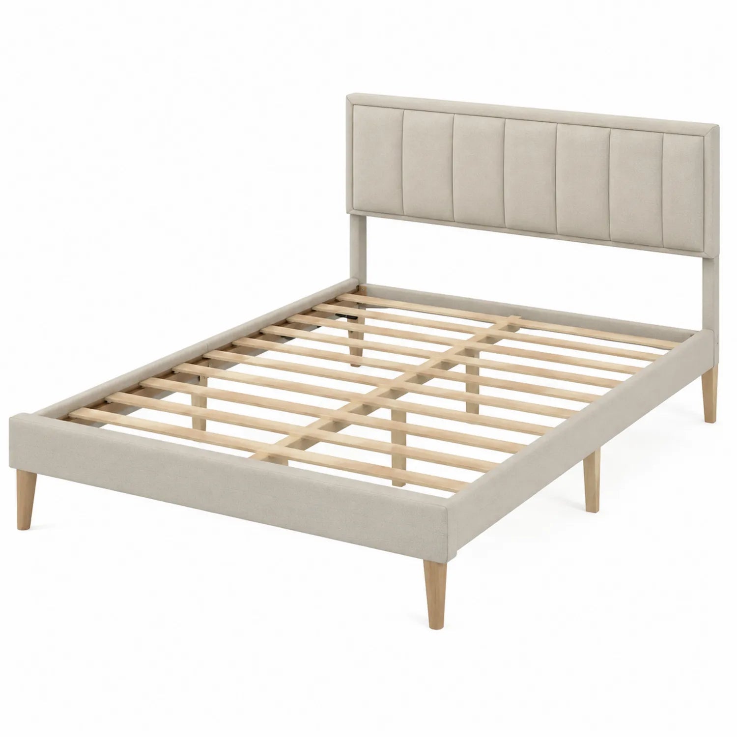 Lit double en tissu polyester beige avec lattes en bois