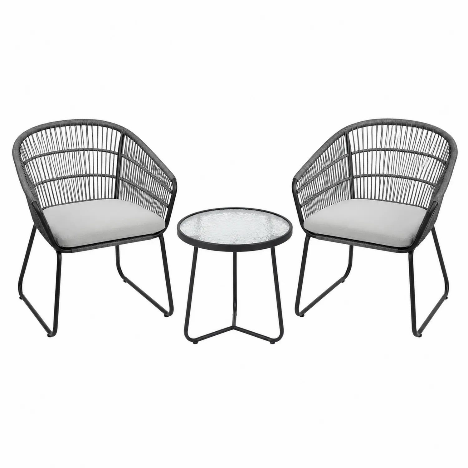 Ensemble de 2 chaises et table en métal et corde tressée gris