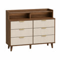 Commode 6 tiroirs en MDF avec poignées en métal, Marron et Beige