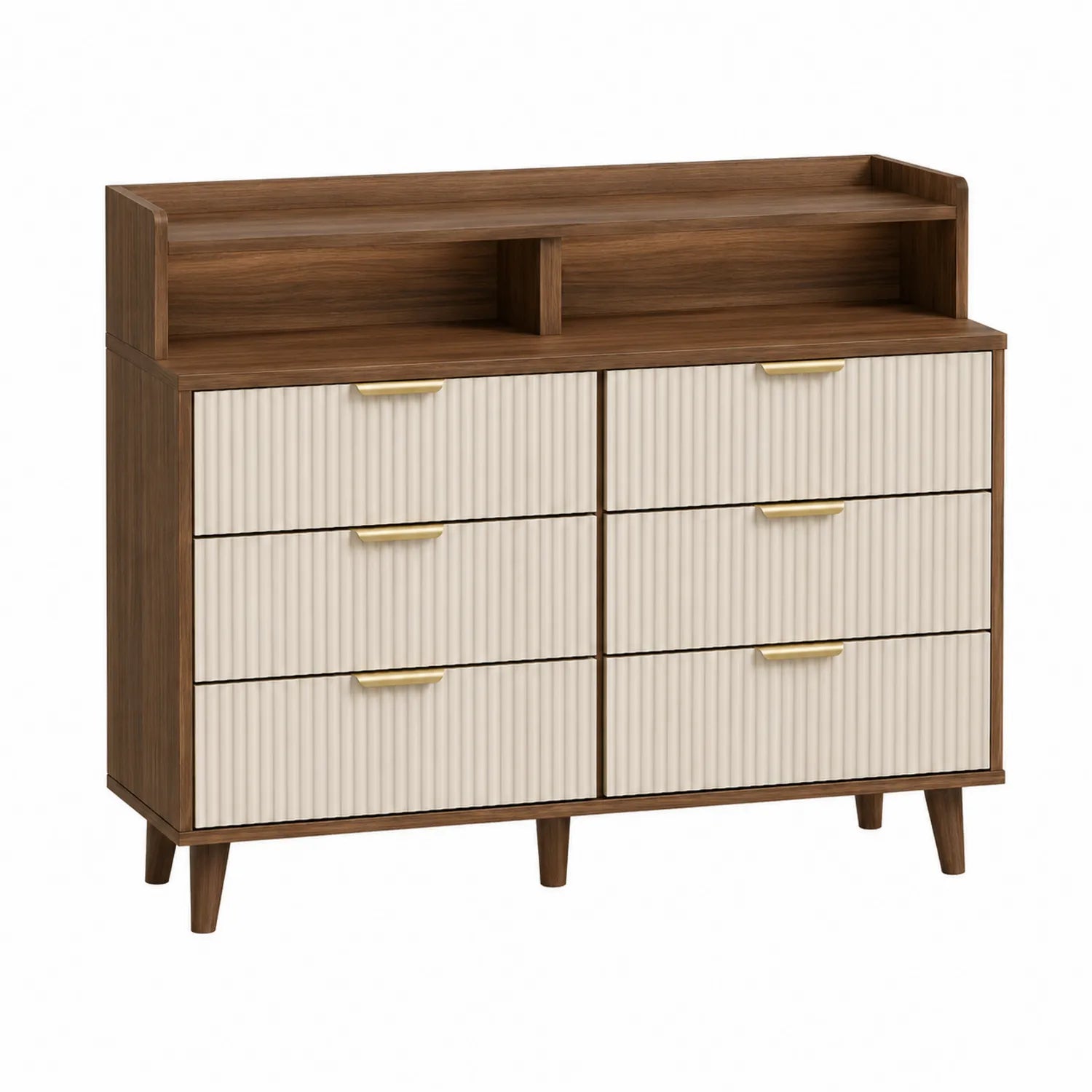 Commode 6 tiroirs en MDF avec poignées en métal, Marron et Beige