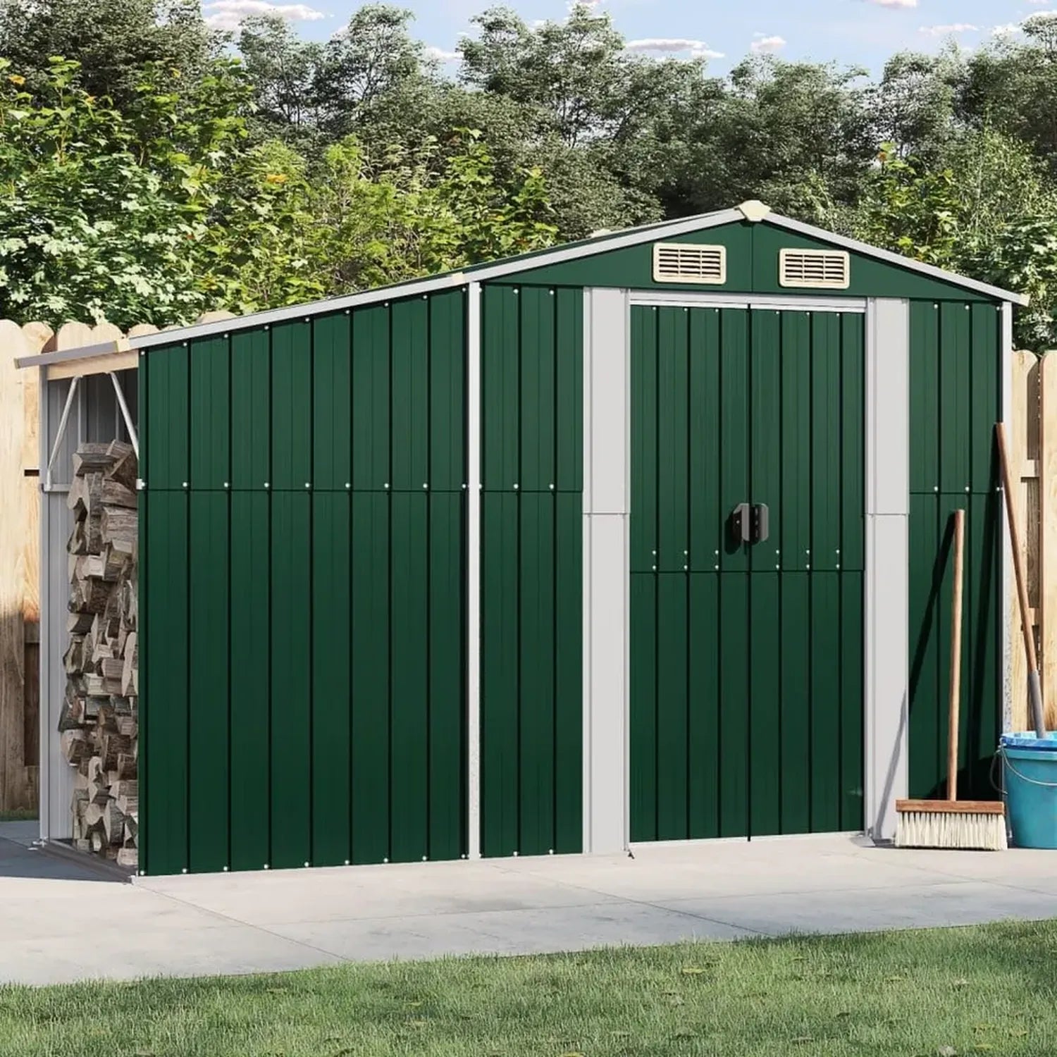 Abri de Jardin Vert en Acier Galvanisé 277x93x179 cm, Espace de Stockage Extérieur