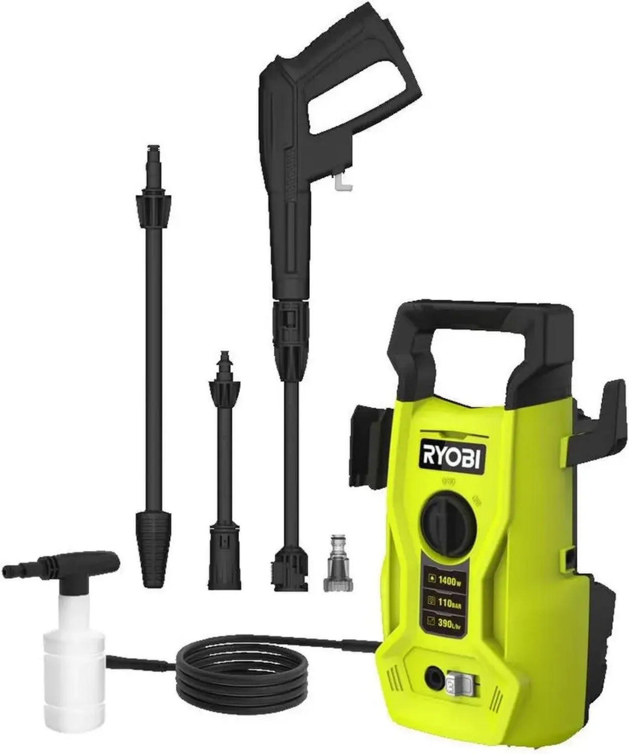 RYOBI Nettoyeur Haute Pression 1400W, 110 Bars, Tuyau 5m, Lance Vario-Turbo