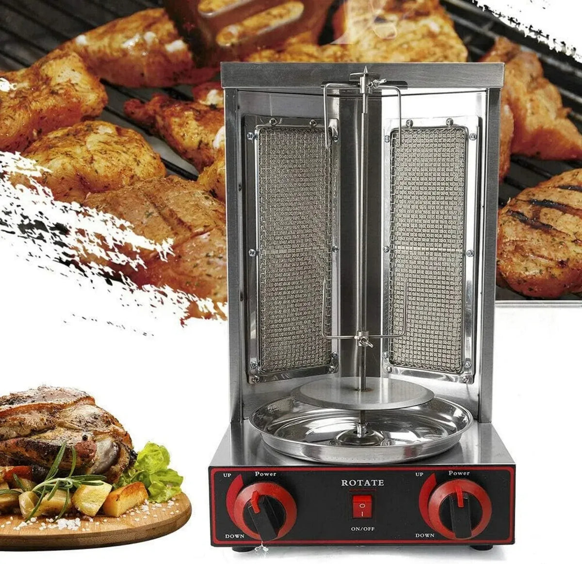 Grill Électrique pour Kebab 3000 W - Machine de Cuisson Verticale avec 2 Brûleurs à Gaz