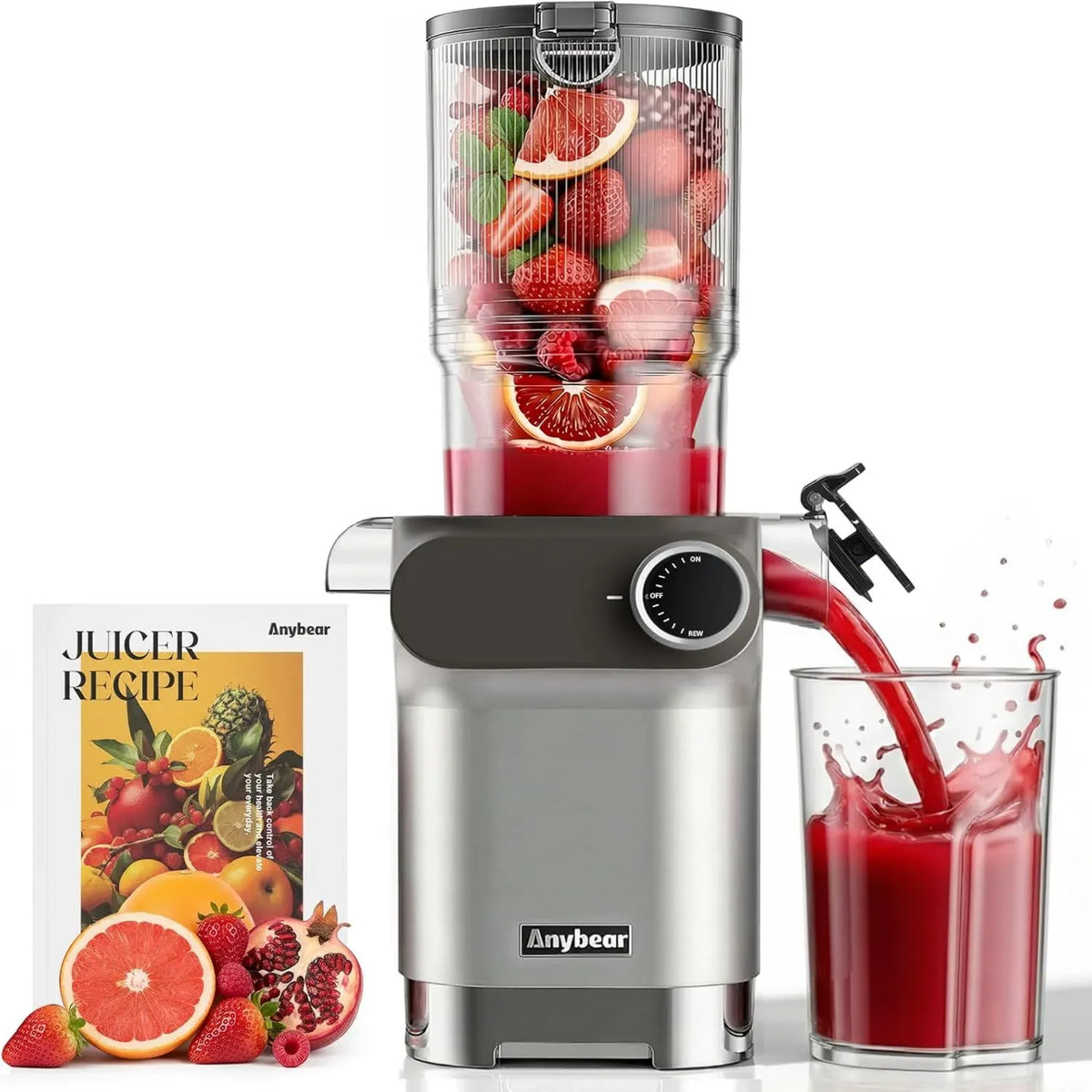 Extracteur de Jus à Froid Anybear 200W, Large Bouche 110cm, Idéal pour Fruits et Légumes Entiers, Matériau Tritan Sans BPA, Couleur Argent