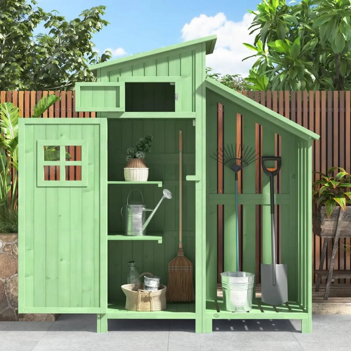 Abri de Jardin en Bois Vert 124 x 46 x 174 cm, Armoire à Outils Extérieure