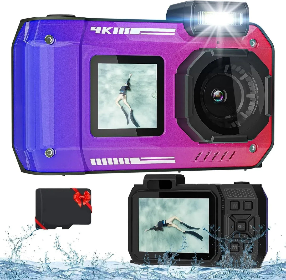 Caméra sous-marine étanche 4K 48 MP avec carte 32 Go, double écran pour selfies, résistante à la poussière et aux chocs, idéale pour la plongée en apnée