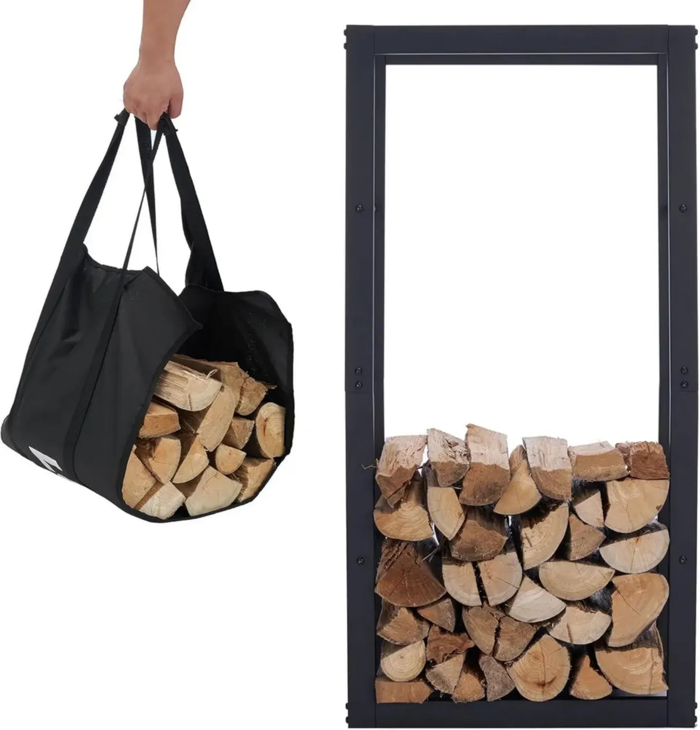 Support à bûches en métal noir avec sac de transport - 50x25x100 cm - Pour intérieur et extérieur