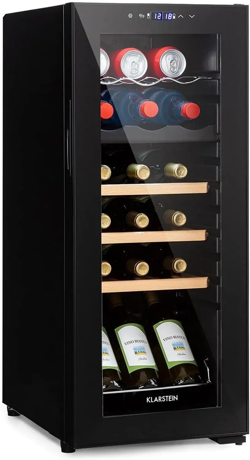 KLARSTEIN Bodega - Cave à Vin à Deux Zones, Porte en Verre, Capacité de 50L pour 18 Bouteilles - Noir