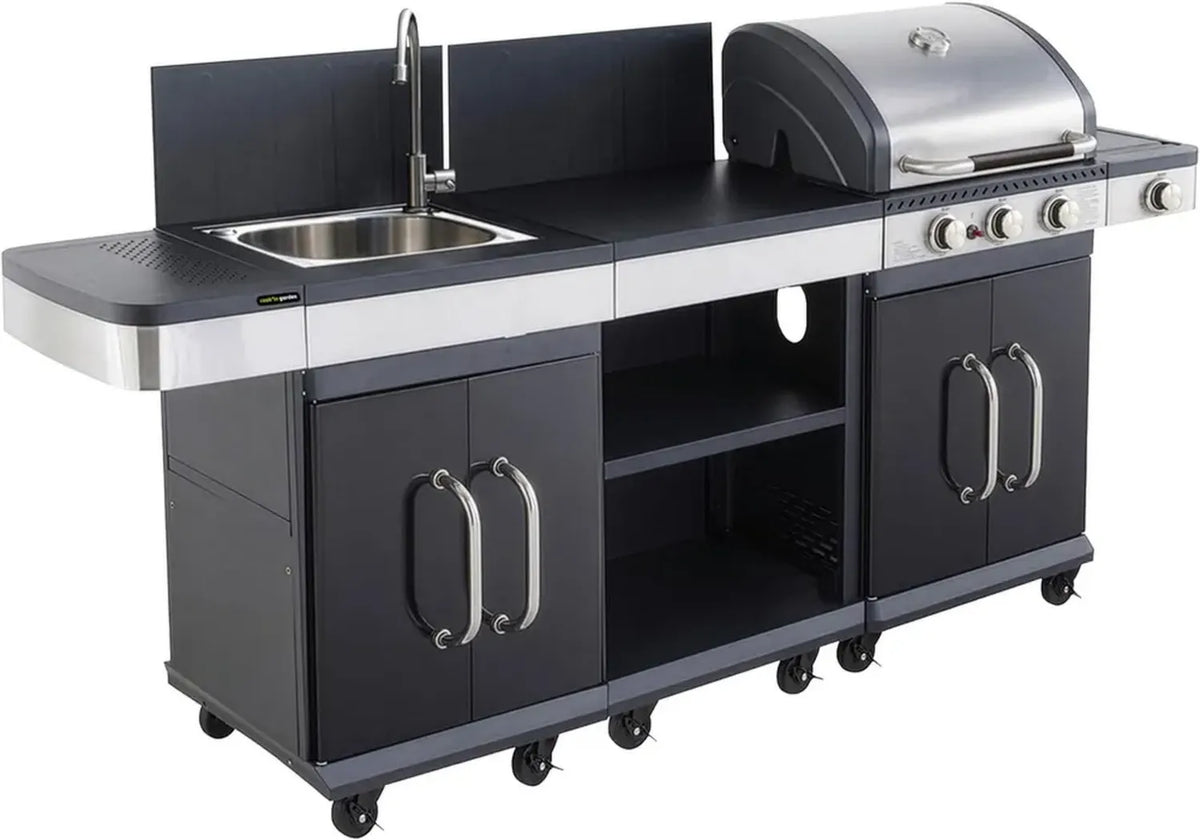 Ensemble de Cuisine d'Extérieur FIDGI 3 - Barbecue à Gaz 3 Brûleurs avec Thermomètre, Plan de Travail et Évier