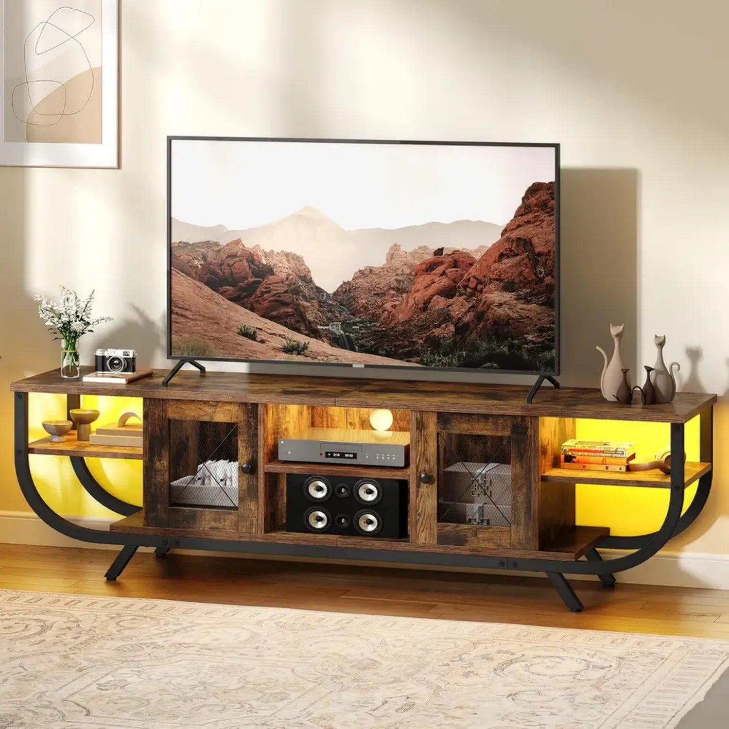 YITAHOME Meuble TV Industriel 160 cm pour Écrans jusqu'à 65 Pouces avec LED RGB et Rangements, Cadre Métal, Finition Marron Rustique