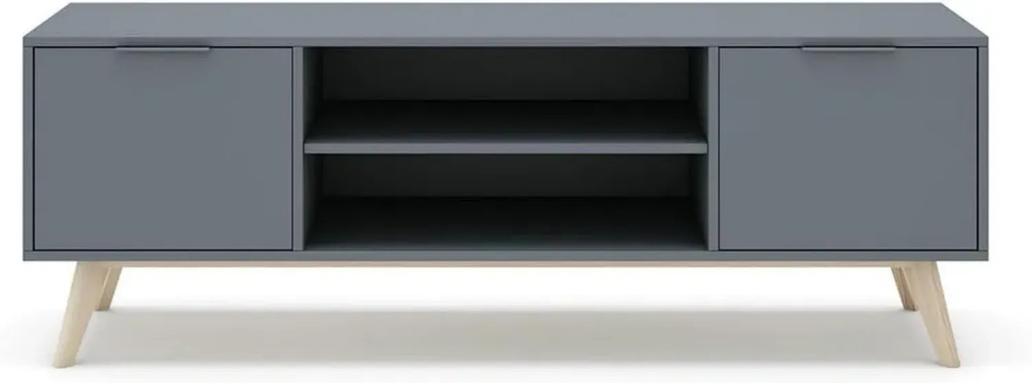 Meuble TV en Bois avec Portes et Niches, Vert Kaki et Pieds en Pin Blanc, 140 x 40 x 53 cm