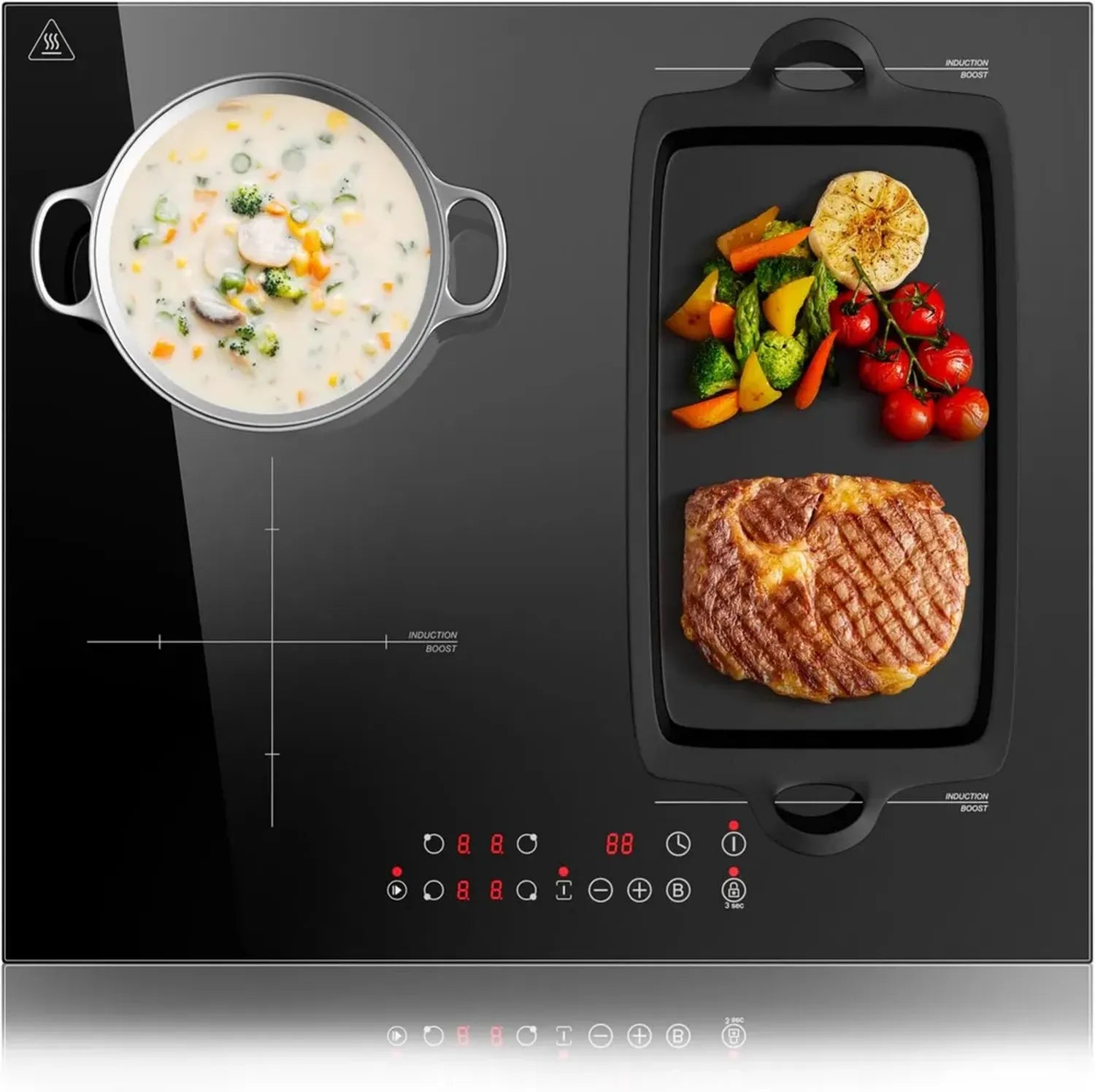 Plaque à Induction 60cm avec Zone Flexible, 4 Feux, 6000W, Commandes Tactiles, 9 Niveaux de Puissance, Minuterie Intégrée