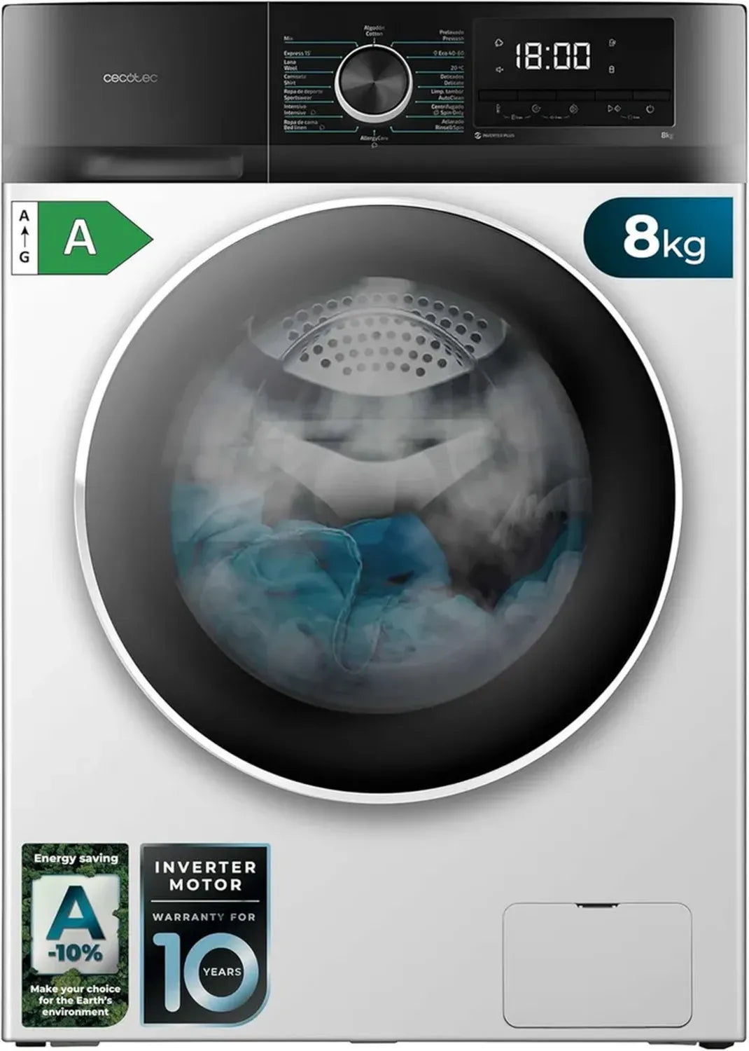 Cecotec Lave-linge 8 kg Frontale Bolero Dresscode 8500 Inverter, Économie d'Énergie, 16 Programmes, SteamMax, Départ Différé, Blanc