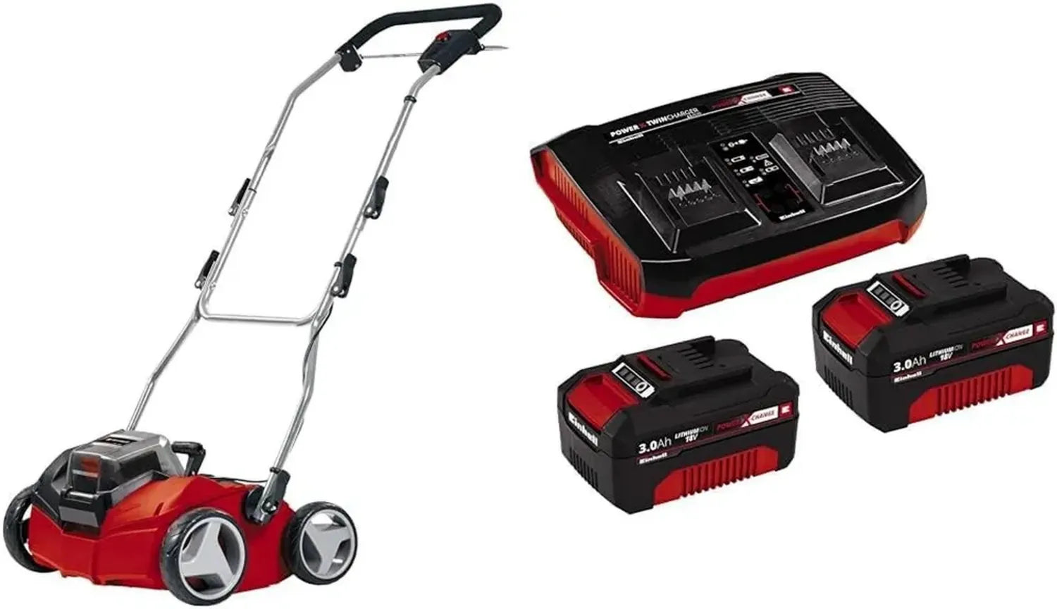 Scarificateur sans fil Einhell GE-SC 35 Li Solo 36V - Moteur sans balais, pour 400 m², avec chargeur double et deux batteries 3,0Ah