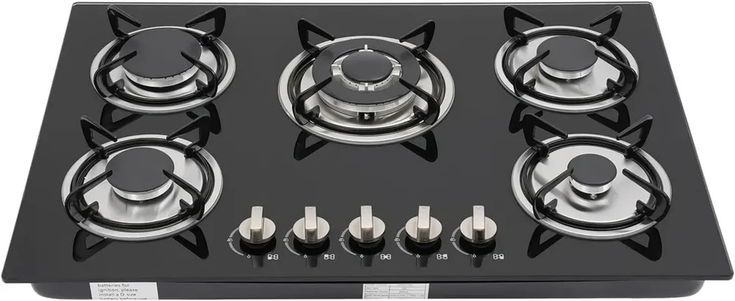 Table de Cuisson à Gaz 30 pouces - 5 Brûleurs, Allumage Électrique Automatique, Sécurité Anti-Flamme, Surface en Verre Trempé - Pour Gaz Naturel et GPL