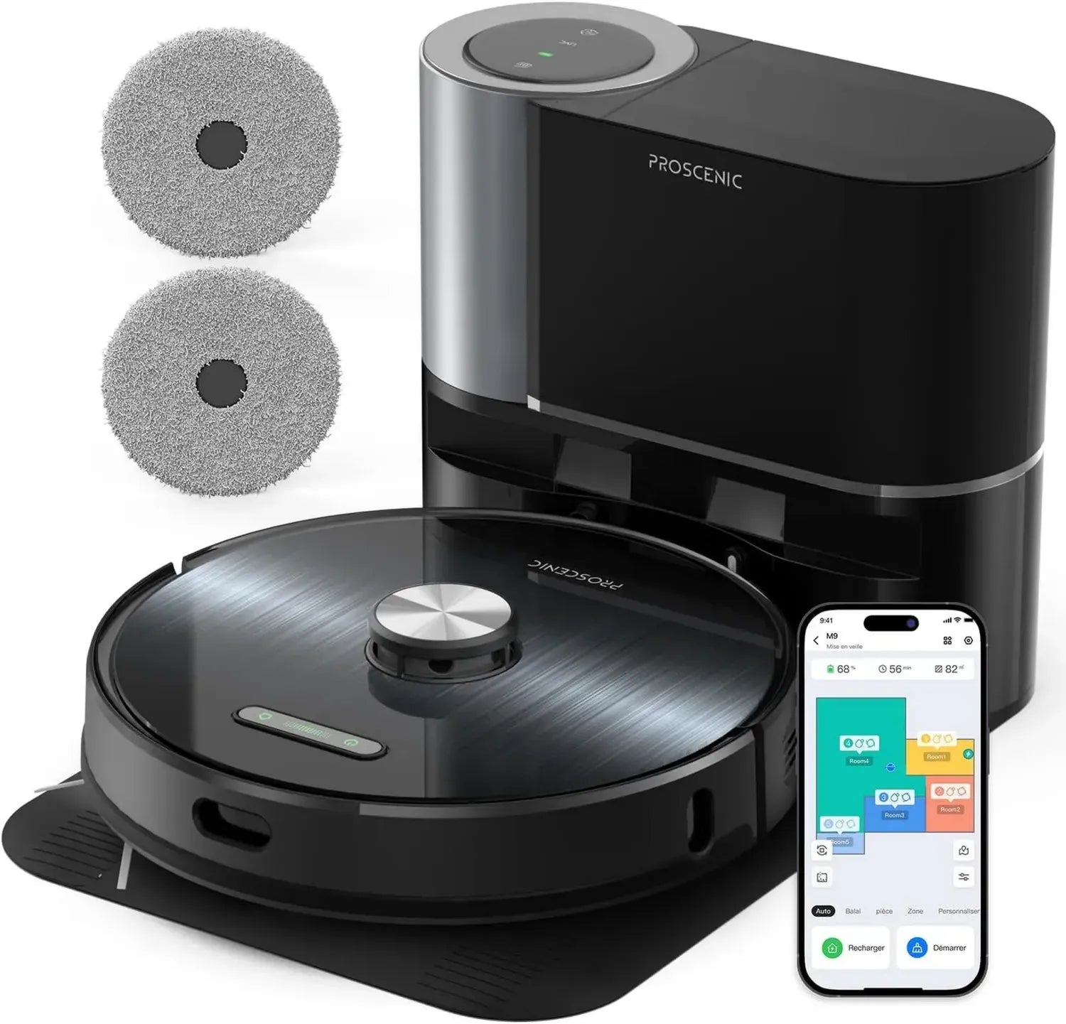 Aspirateur Robot Proscenic M9 avec Station de Vidange Automatique, 4500Pa, Navigation LiDAR, Contrôle via App et Smart Assistants, Autonomie 250 Minutes, Idéal pour Animaux et Moquettes
