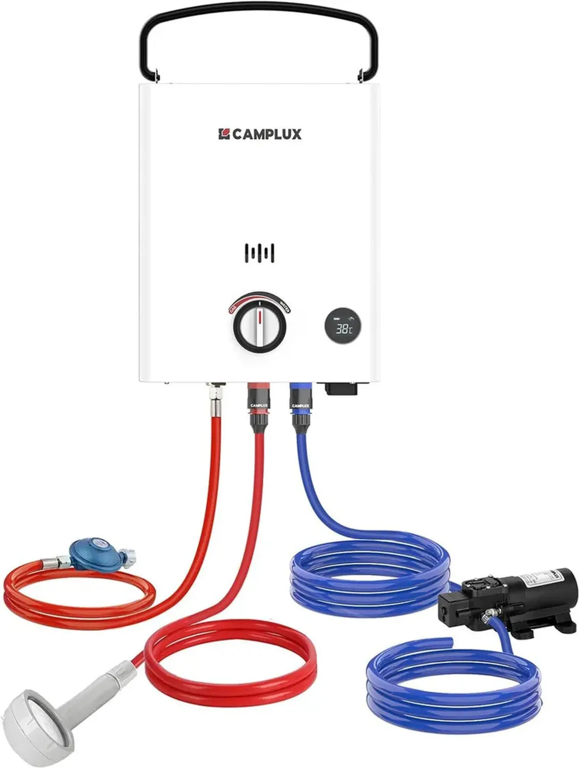 Chauffe-Eau Portable à Gaz 5L CAMPLUX, Pompe Incluse, LPG 50mbar, Poignée Réglable, Idéal pour Douche en Plein Air et Camping