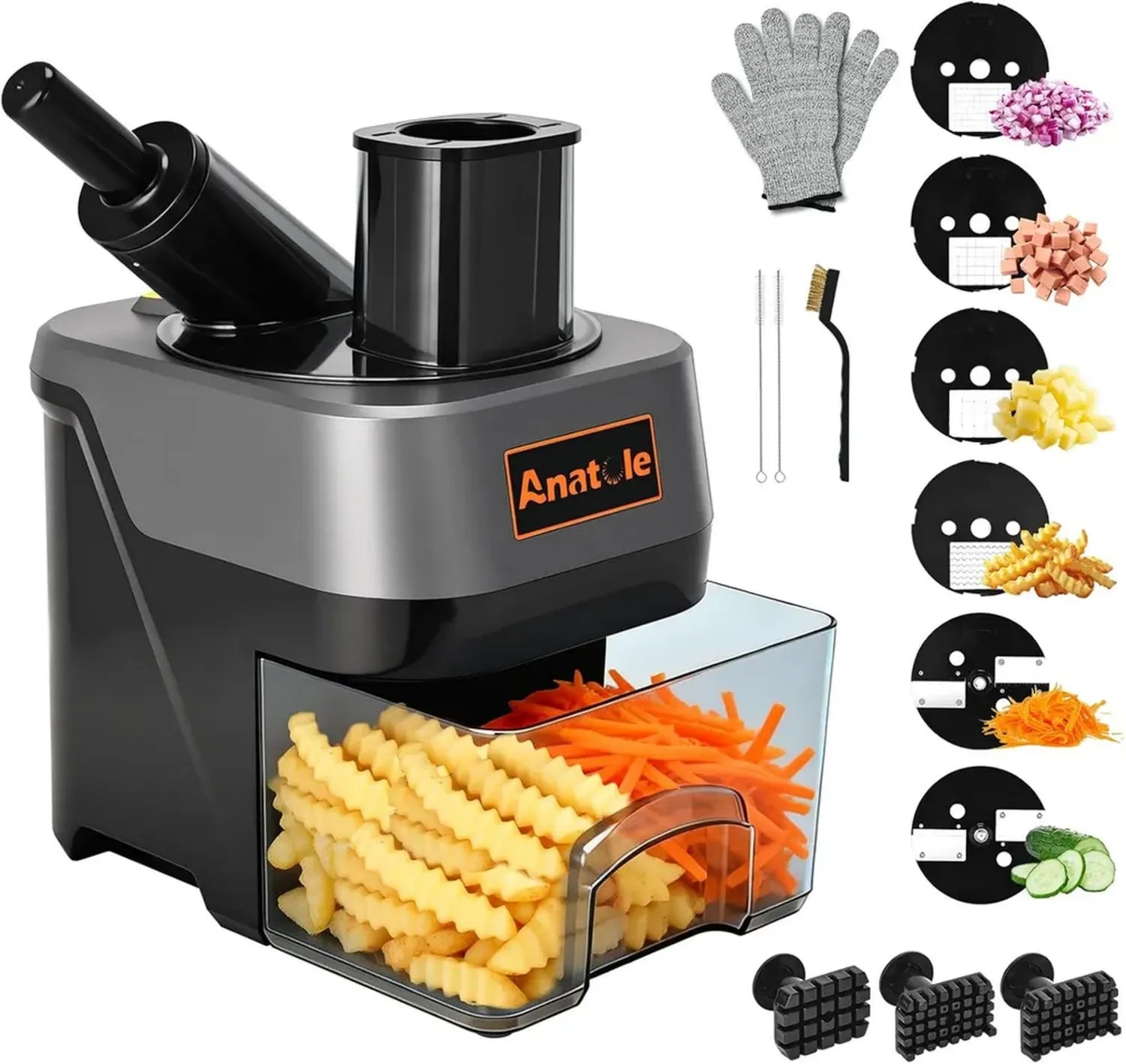 Anatole Robot Coupe-légumes Électrique 6-en-1, Trancheuse et Râpe Multifonctions 100W pour Fruits et Légumes