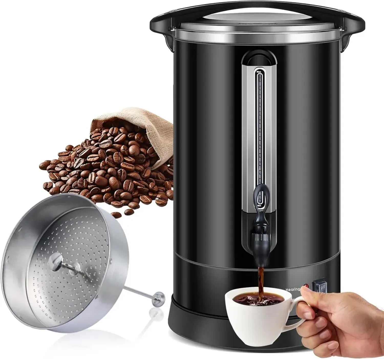 Percolateur à Café Industriel 18L, Double Paroi, Filtre Rond et Robinet, 1500W, Noir - Distributeur d'Eau Chaude pour Café et Thé