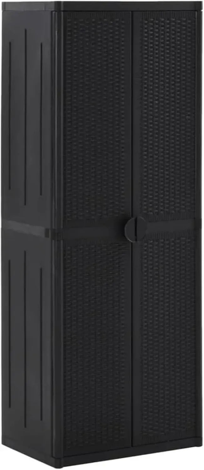 Armoire de Jardin en Rotin Noir 65x45x172 cm, Rangement Extérieur Multifonction