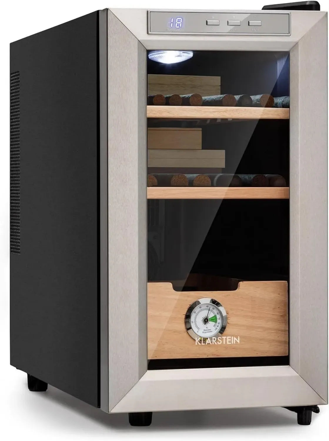 Cave à Cigares Thermoélectrique Klarstein El Presidente, 23L, Porte Vitrée, Tiroirs en Cèdre, Hygromètre, Éclairage LED, Argent