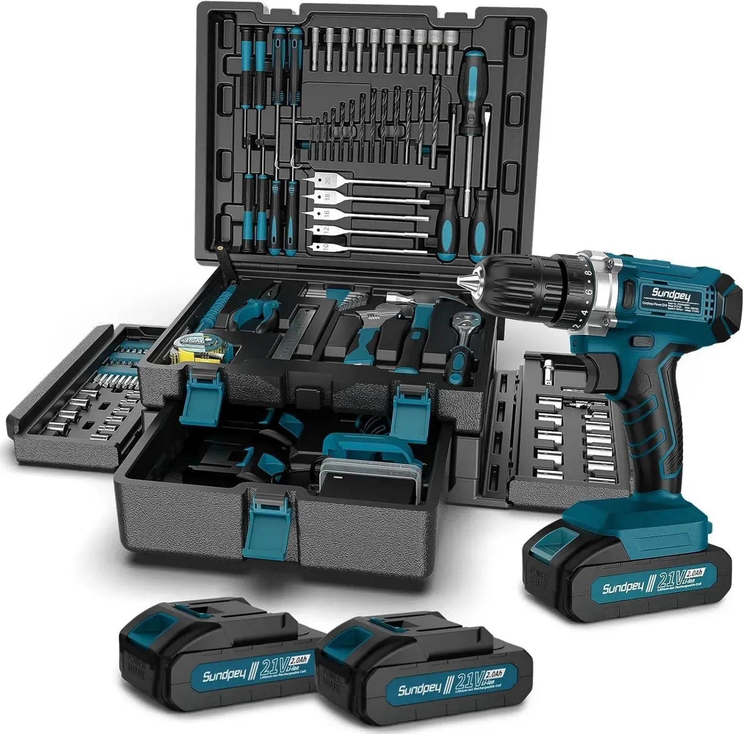 Sundpey Kit d'Outils 255 Pièces - Perceuse et Visseuse Sans Fil 21V, Coffret d'Outils Multi-Usage pour Bricolage à Domicile