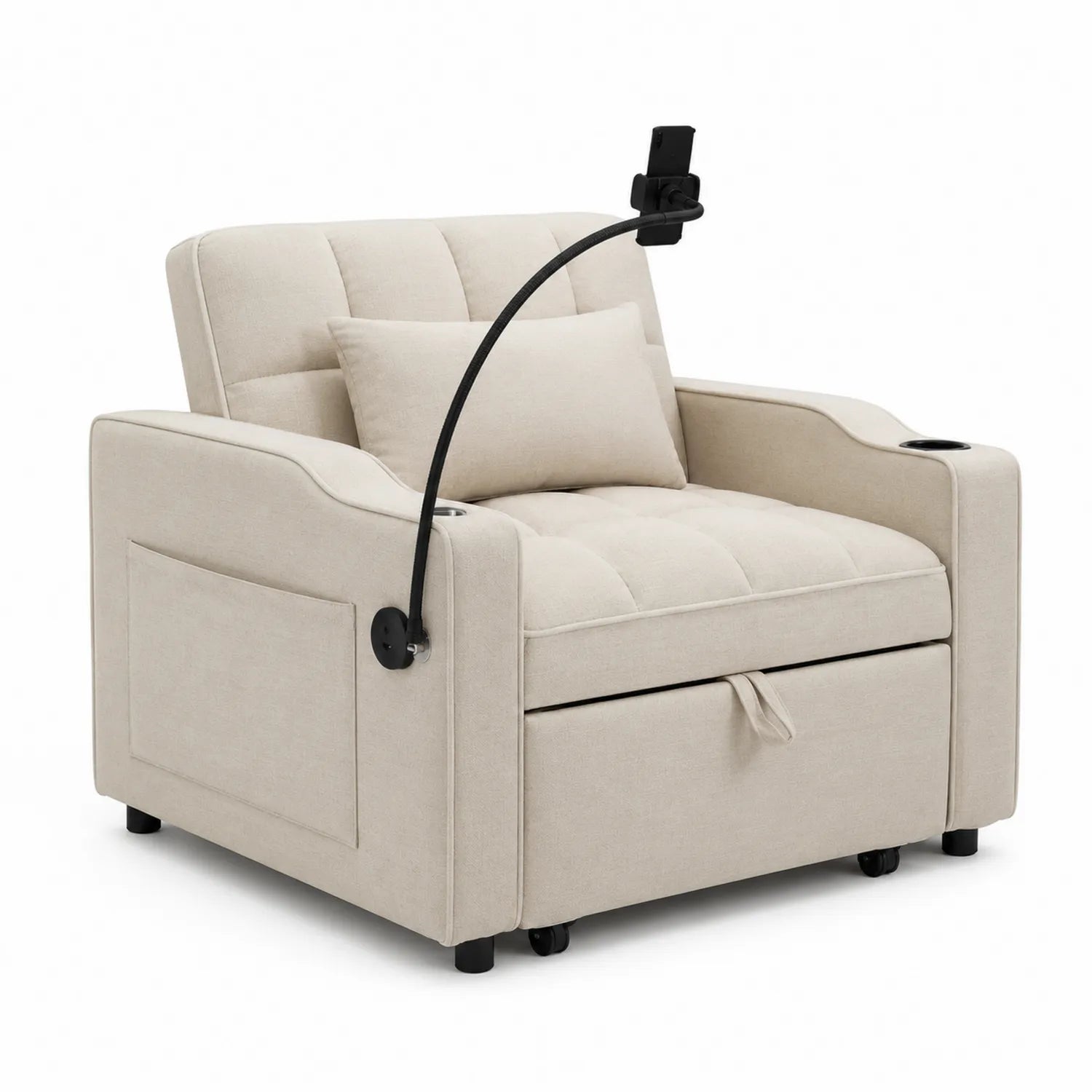Fauteuil Lit en Tissu Beige avec Support Mobile et Porte-gobelets