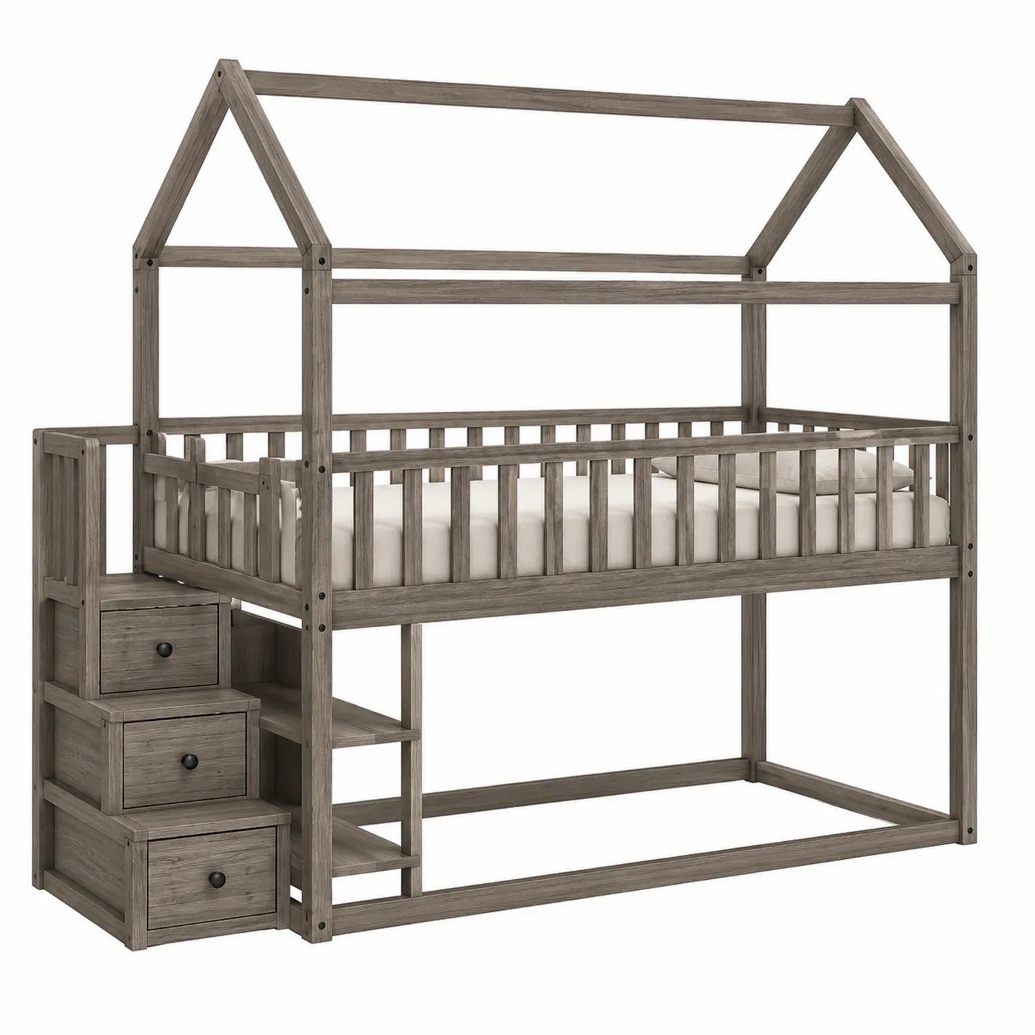 Lit superposé cabane en bois de pin avec escaliers et tiroirs 200x90 cm