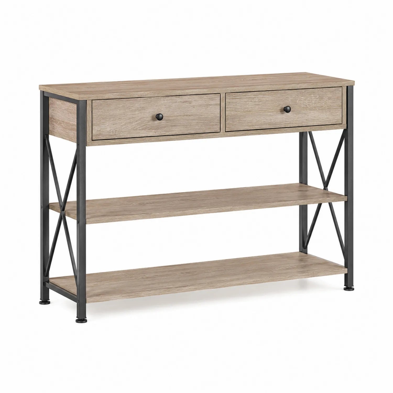 Console en bois et métal avec tiroirs et étagères 101 cm