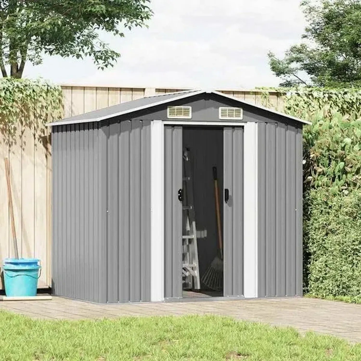 Cabane de Jardin en Métal Gris avec Ventilation, 204 x 132 x 186 cm, Abri à Outils et Plancher Inclus