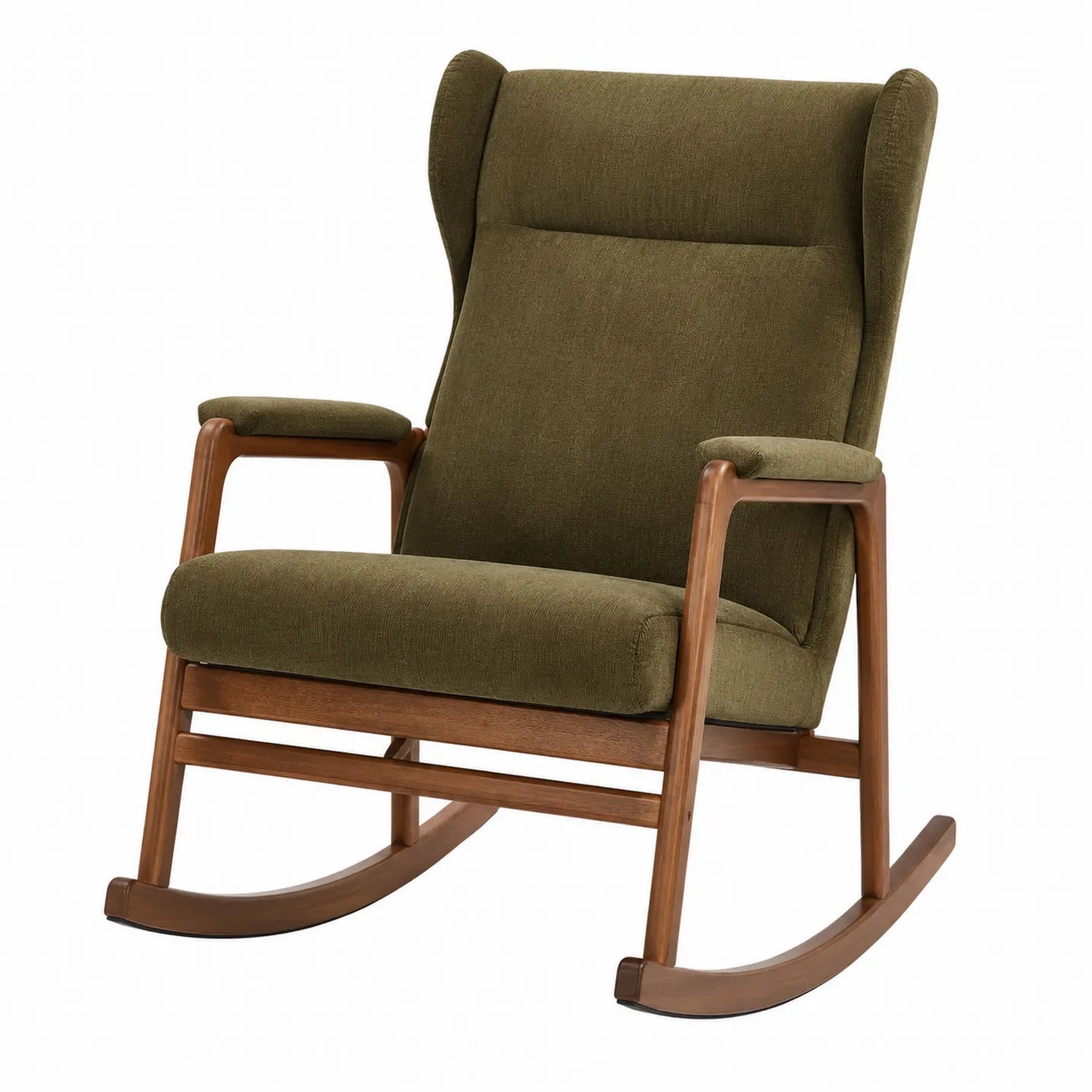 Chaise à bascule en bois et tissu vert foncé